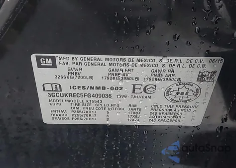 2015 Chevrolet Silverado 1500 1Lt/2Lt z USA, uszkodzony, nr VIN 3GCUKREC5FG409036